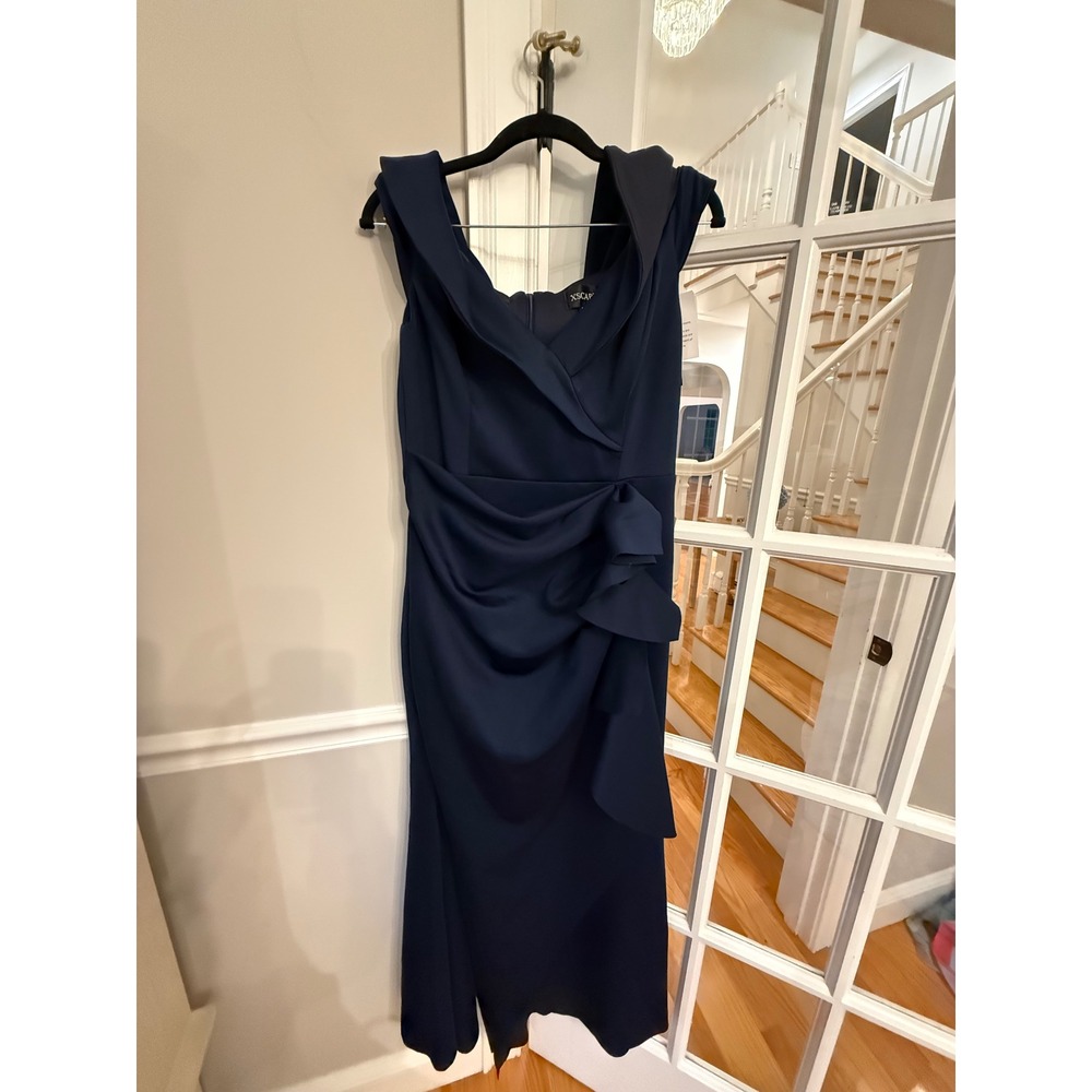 XSCAPE Navy Blue Off Shoulder Ruffle Sheath Evening Dress 4793XP Womens 14P NEW